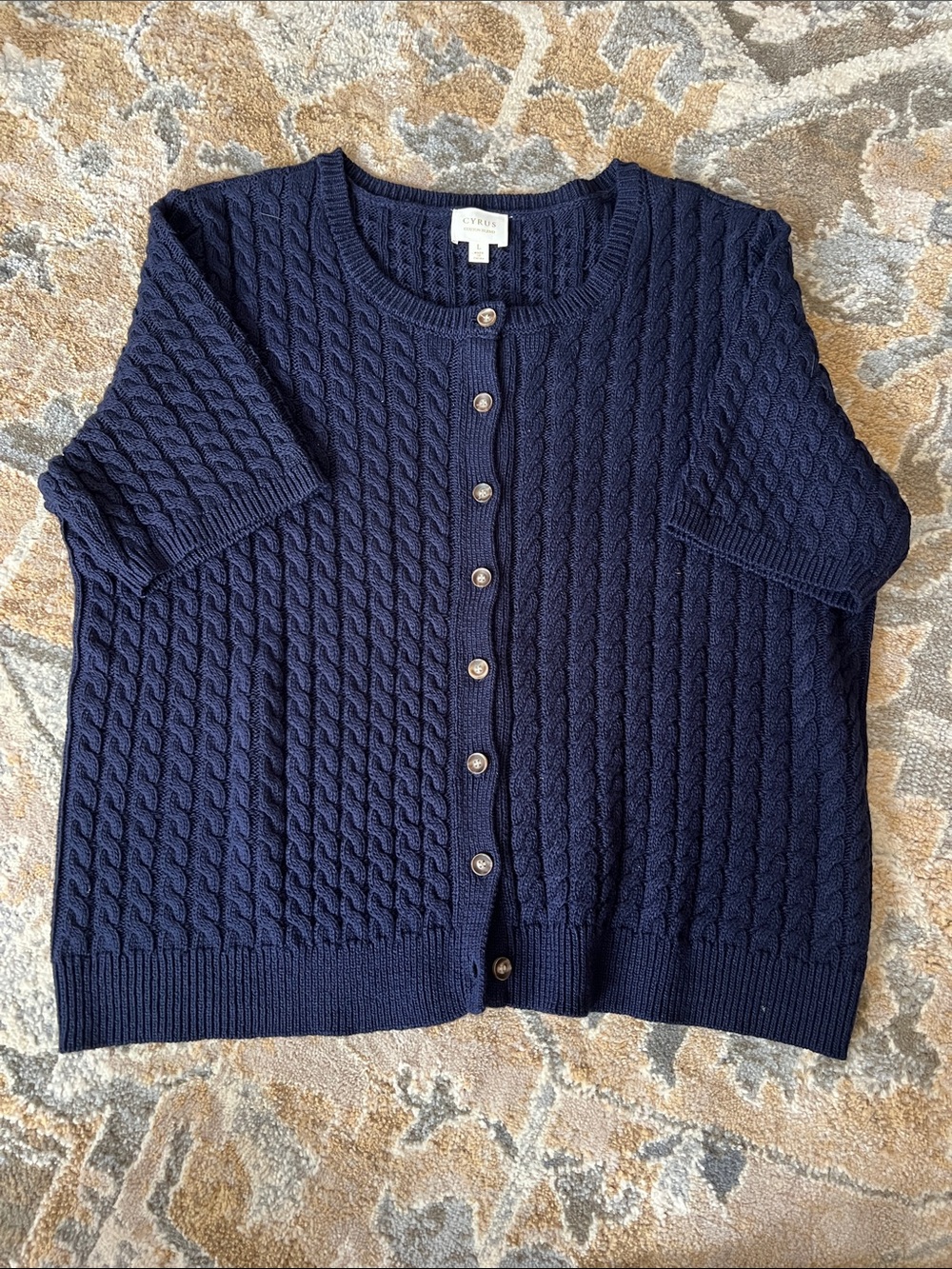 Cyrus Navy Cable-Knit Short-Sleeve Cardigan